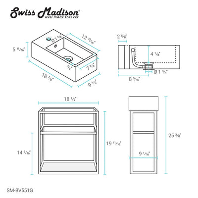 Pierre 19.5 Single, Open Shelf, Gold Metal Frame Bathroom Vanity