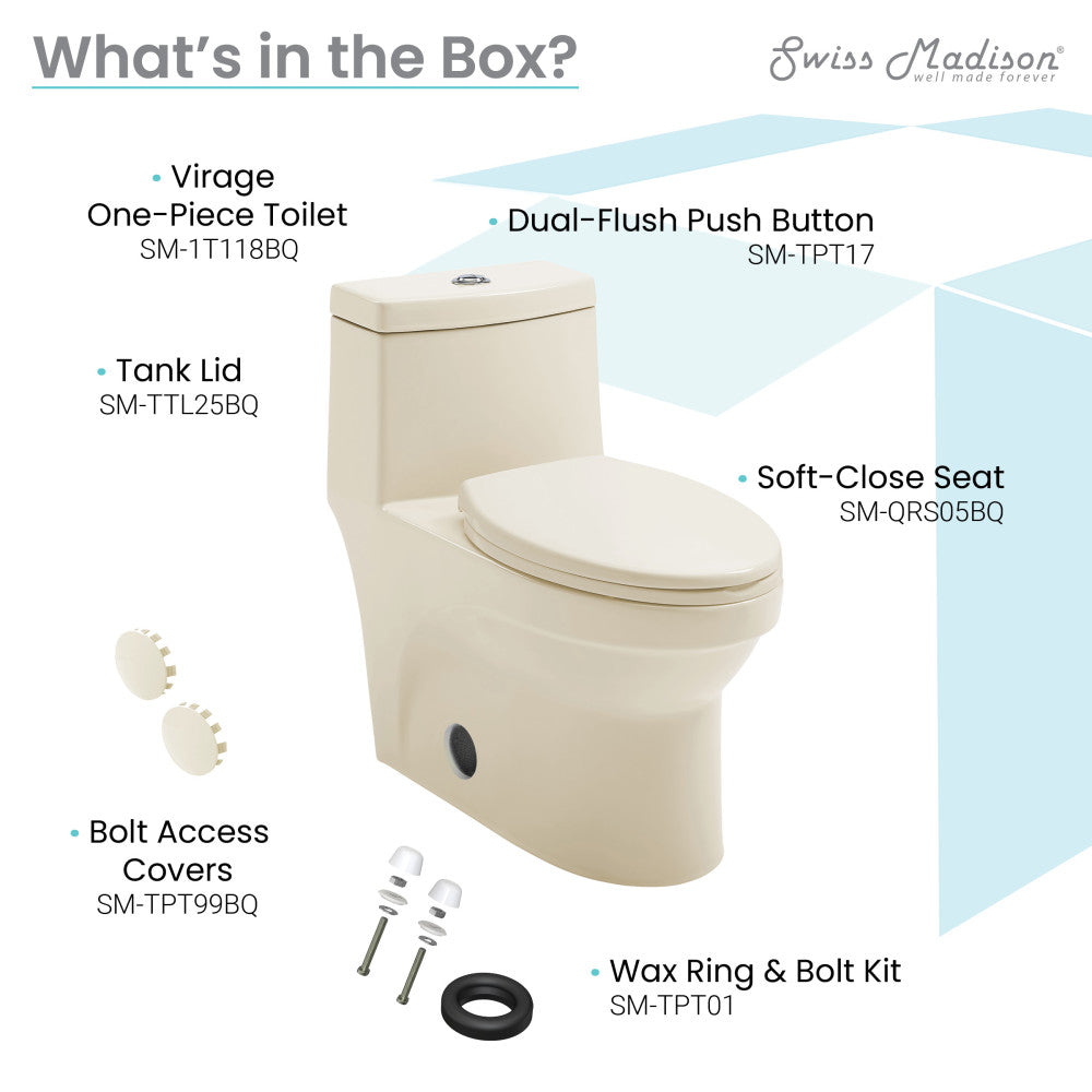 Elongated one-piece toilet in bisque with dual-flush push button and soft-close seat.