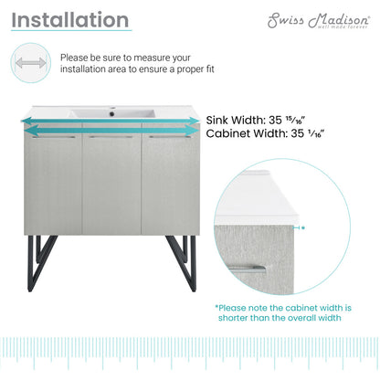 36-inch freestanding gray bathroom vanity with sink top, soft-close doors, modern metal legs.