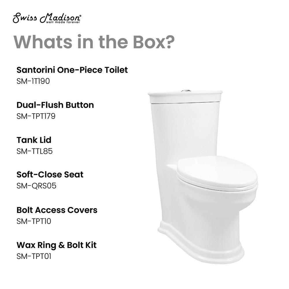 Elongated one-piece toilet, dual-flush, soft-close seat, white ceramic.