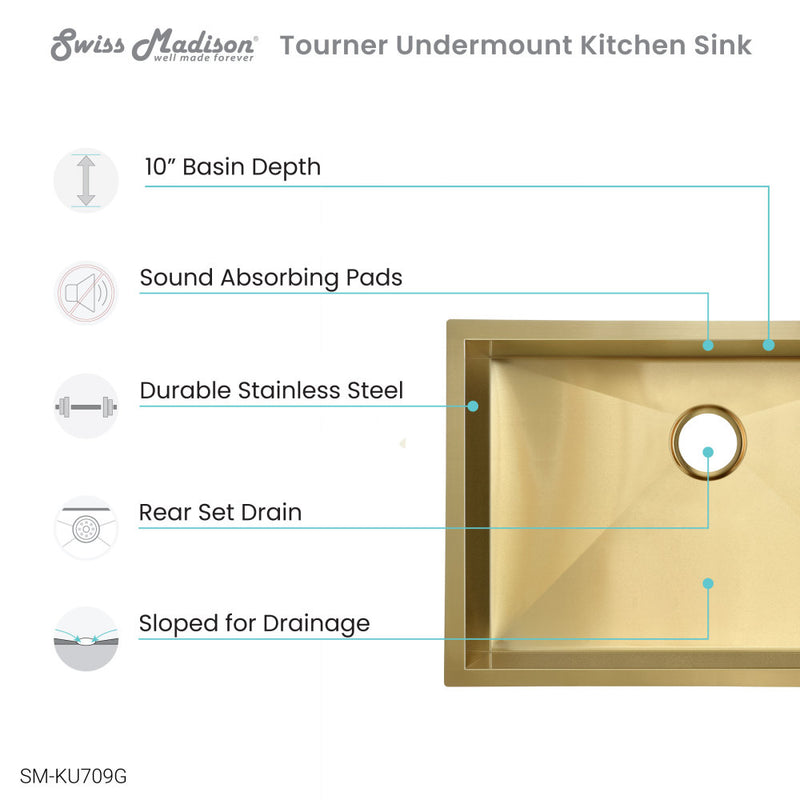 Tourner 27 x 19 Stainless Steel, Single Basin, Undermount Kitchen Sink in Gold