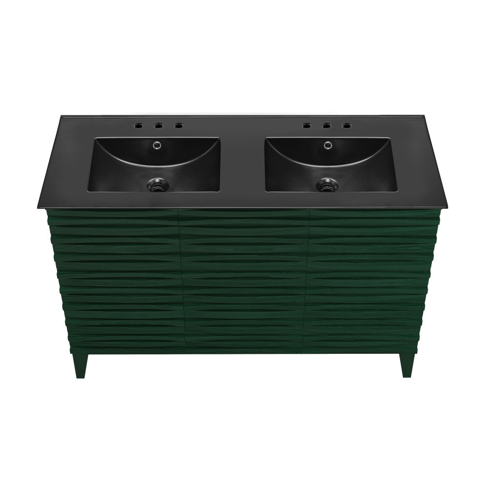 Cascade 48" Freestanding Bathroom Vanity in Green Oak with Black 3-Hole Centerset Double Basin Sink Top