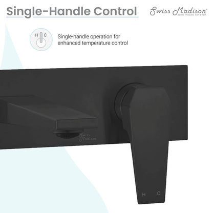 Wall-mount bathroom faucet in matte black, single handle, minimalist rectangular design with integrated temperature control.