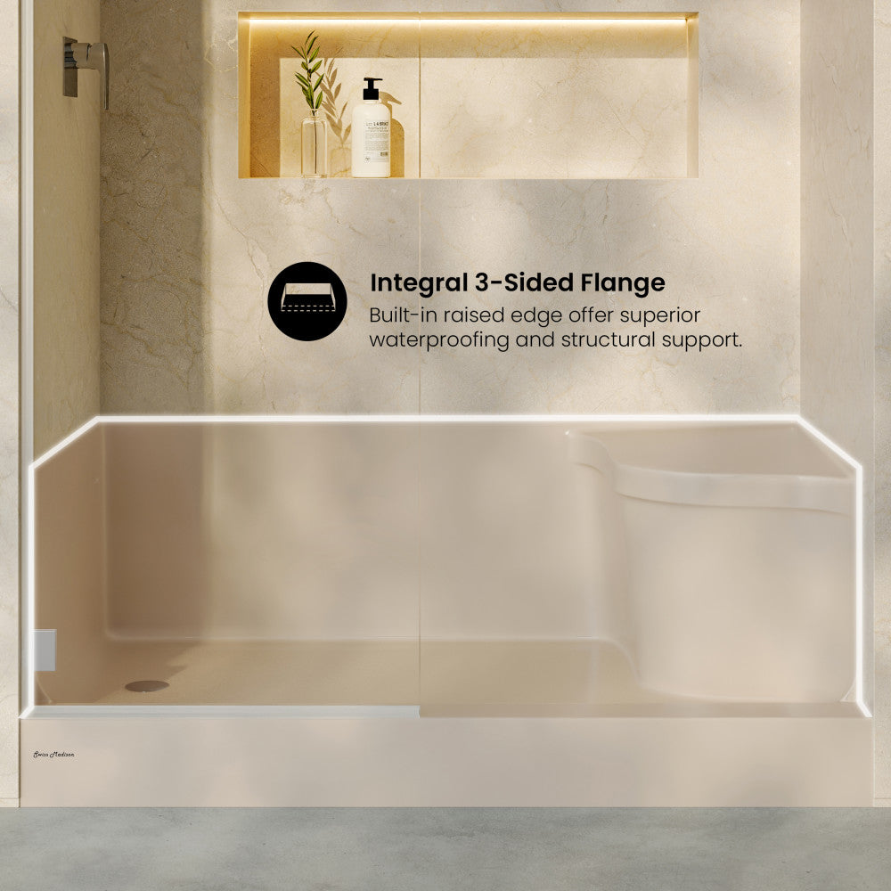 Aquatique 60" x 32" Single Threshold Shower Base With Left Hand Drain and Integral Right Hand Seat in Biscuit