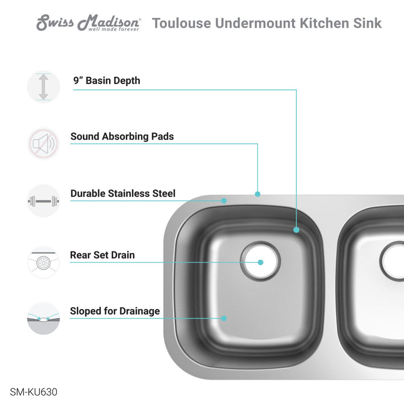 Toulouse 32 x 18 Stainless Steel, Dual Basin, Under-Mount Kitchen Sink