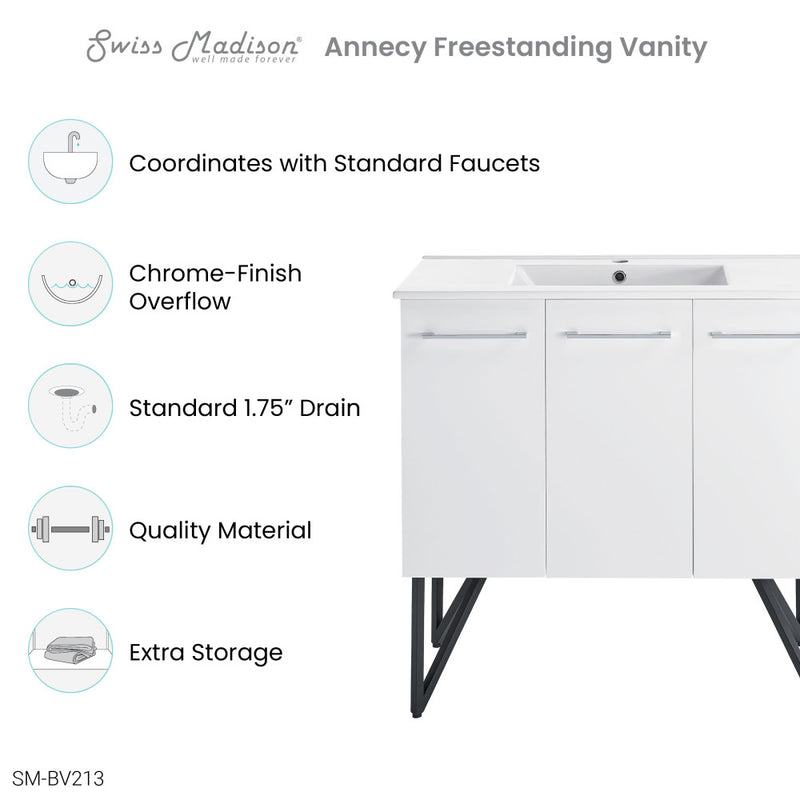 Annecy 36 Single, Glossy White, Two Doors, One Drawer, Bathroom Vanity