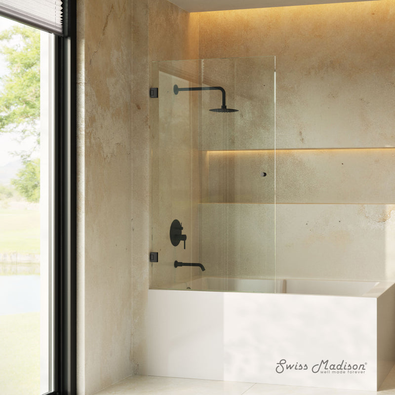 Voltaire 24 x 58 Frameless Pivot 3/8 in. (10mm) Ultra Clear Tempered Glass Tub Door with Black Matte Hardware