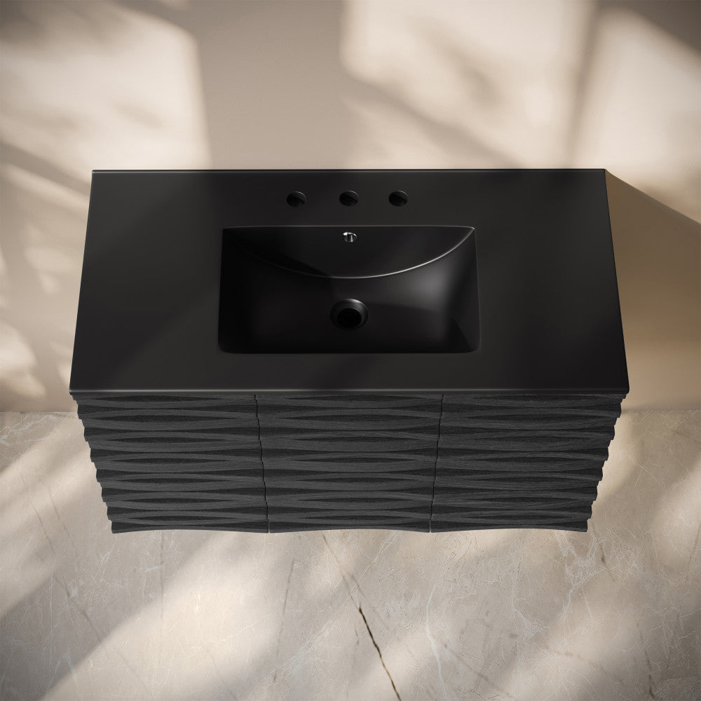 Cascade 36" Wall-Mounted Bathroom Vanity in Black Oak with Black 3-Hole Widespread Sink Top