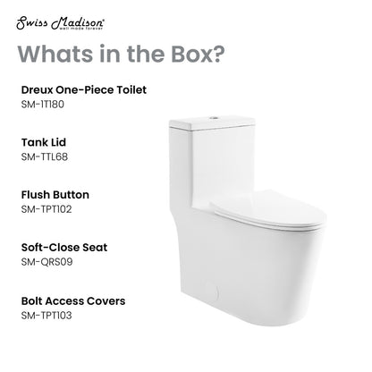 Elongated one-piece toilet with soft-close seat and flush button, white ceramic finish.