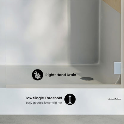 Aquatique 60" x 32" Single Threshold Shower Base With Right Hand Drain and Integral Left Hand Seat in White