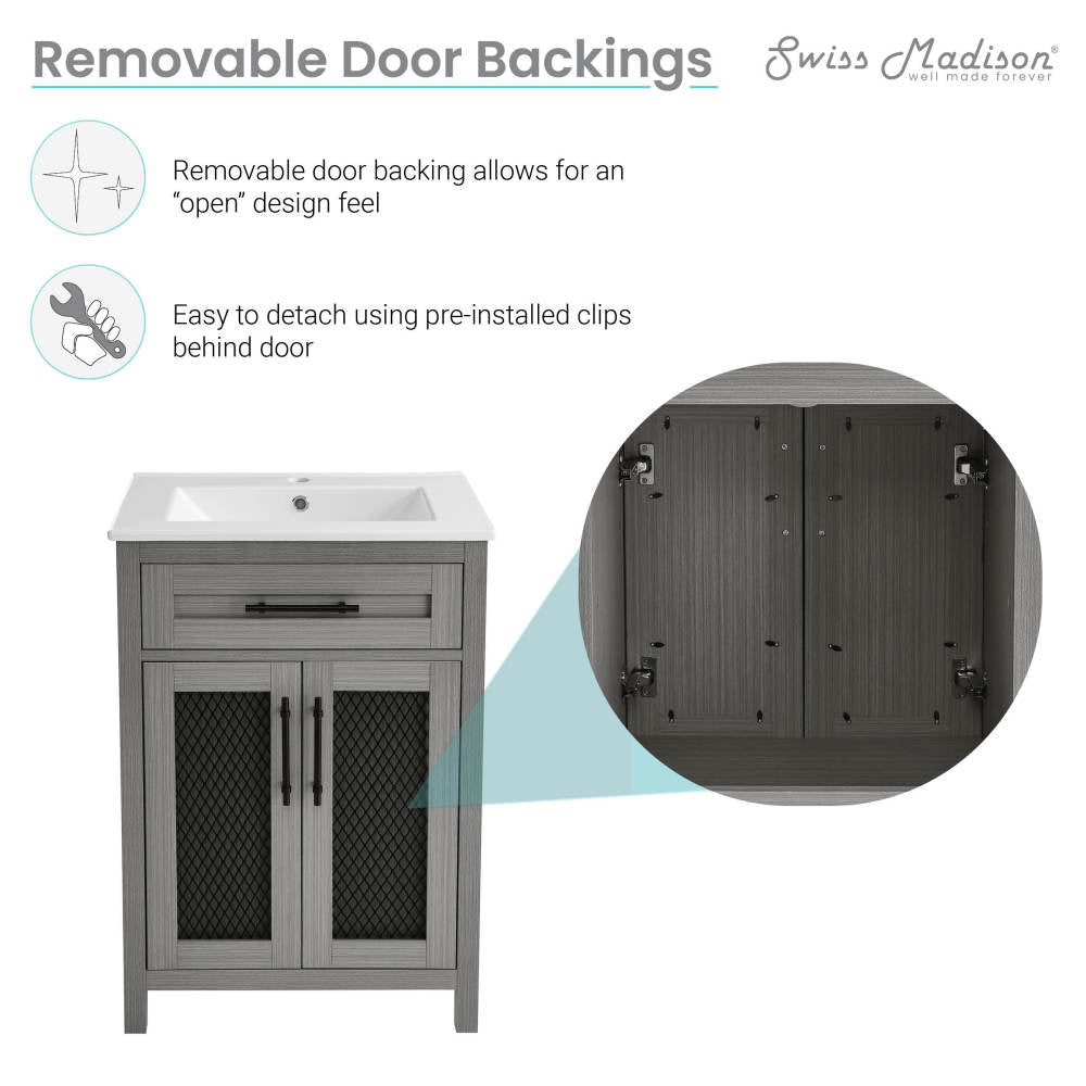 24-inch freestanding bathroom vanity in carbon gray, soft-close doors, removable door backing for open style.