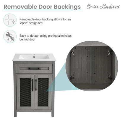 24-inch freestanding bathroom vanity in carbon gray, soft-close doors, removable door backing for open style.