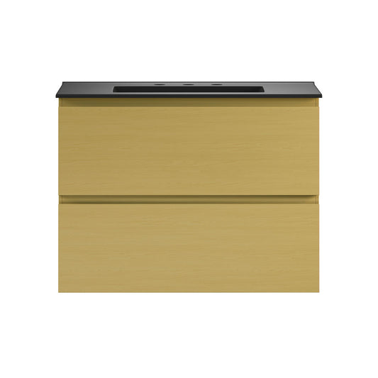 Liberte 30" Wall-Mounted Bathroom Vanity in Natural Oak with Black 3-Hole Widespread Sink Top