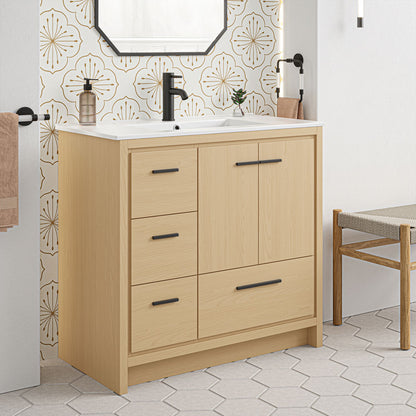 Virage 36" Freestanding Bathroom Vanity in Natural Oak with Sink Top
