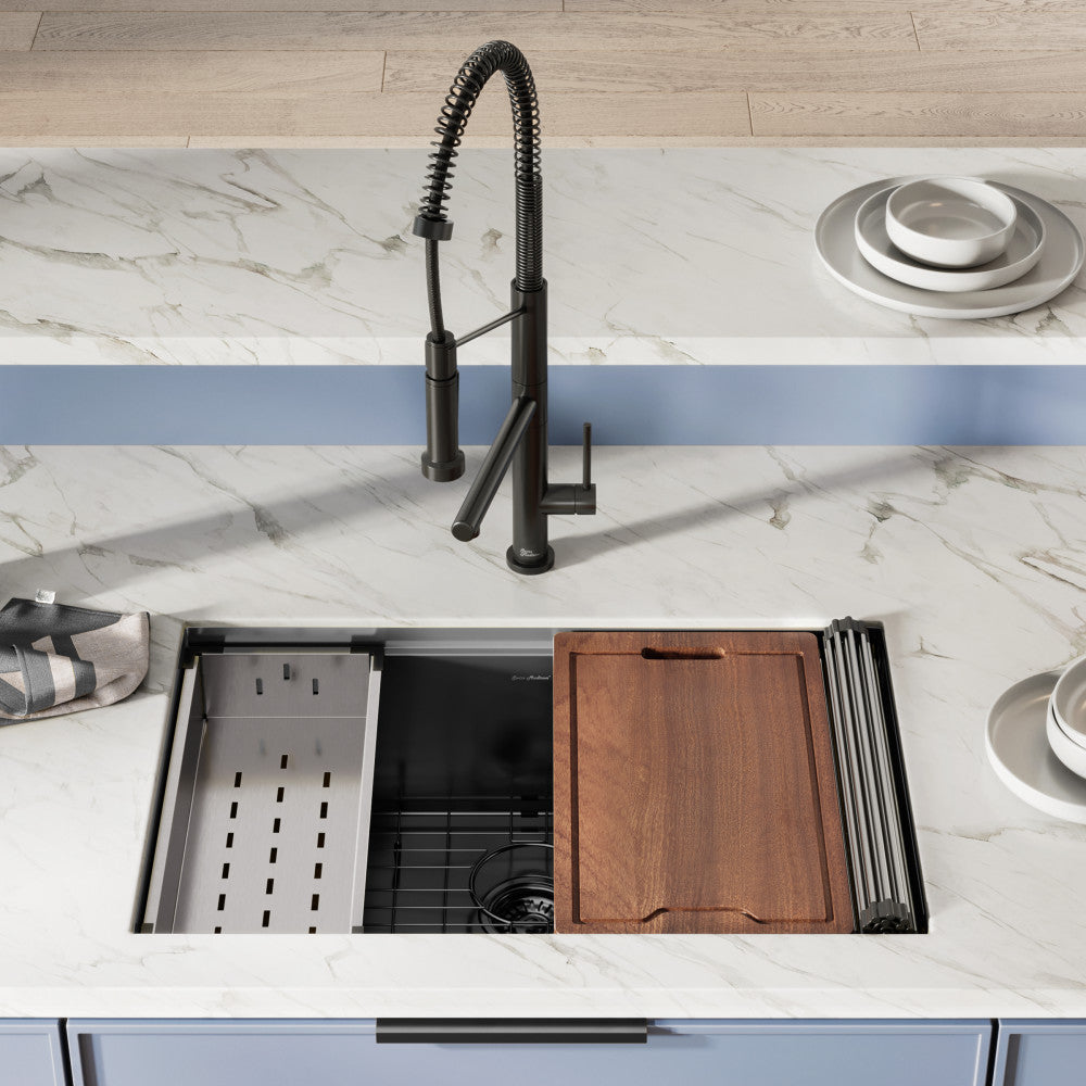 Tourner 30x19 black stainless steel undermount single basin kitchen workstation sink with faucet and accessories.