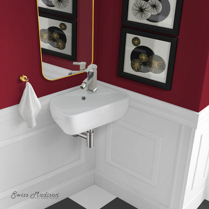 18 x 11 white ceramic wall-hung bathroom sink with right side faucet mount and chrome drainpipe.