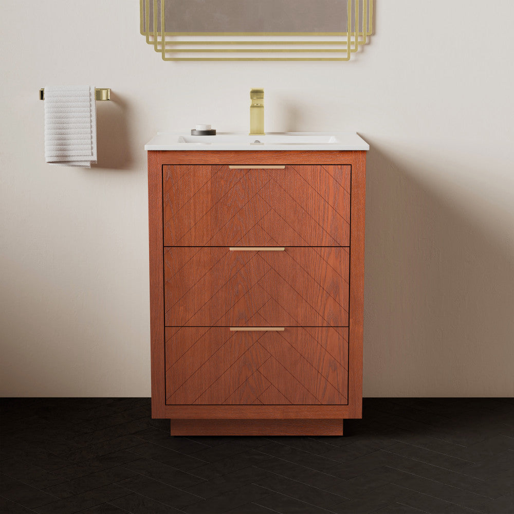 24-inch freestanding bathroom vanity in brown oak with single sink and three drawers.
