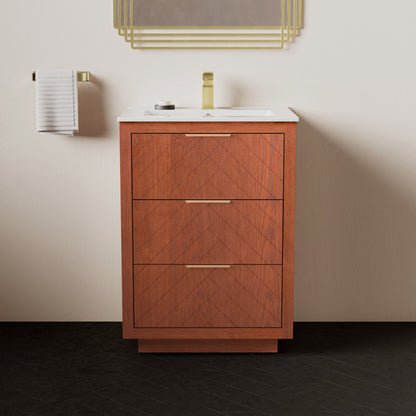 24-inch freestanding bathroom vanity in brown oak with single sink and three drawers.