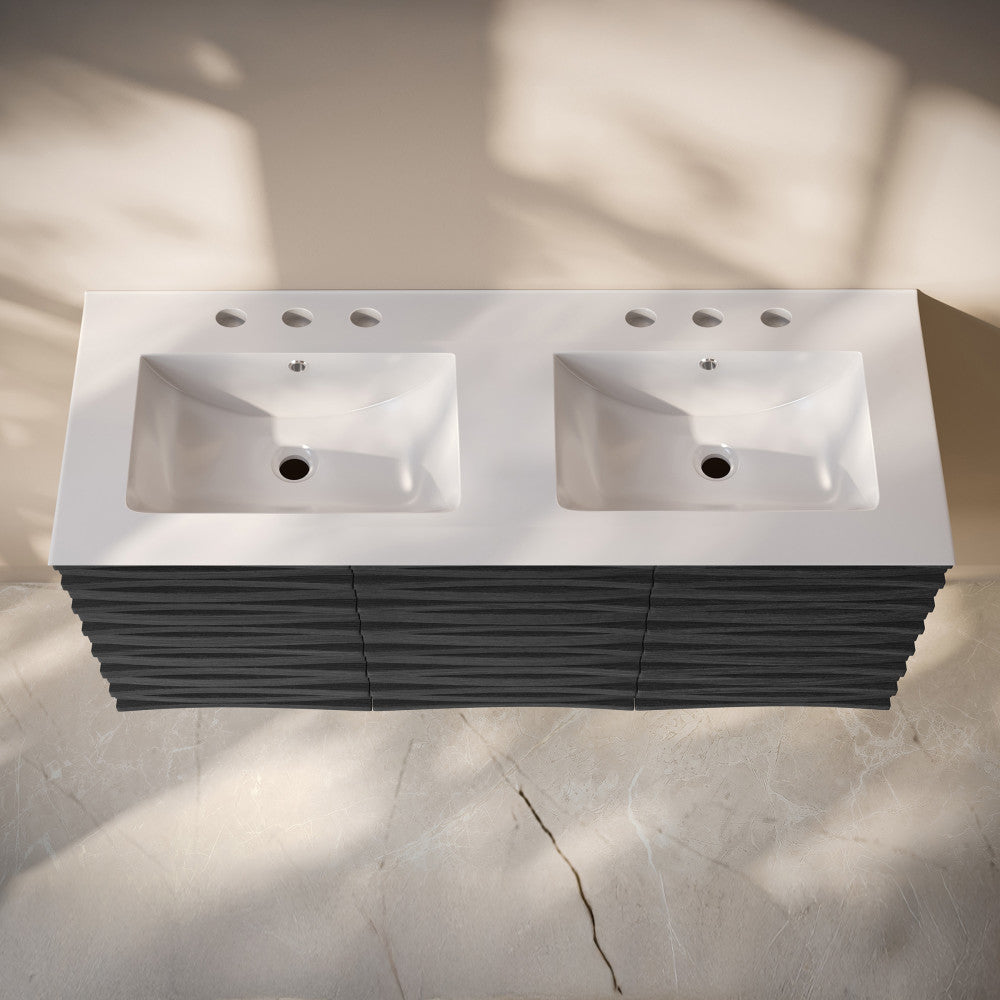 Cascade 48" Wall-Mounted Bathroom Vanity in Black Oak with 3-Hole Widespread Double Basin Sink Top