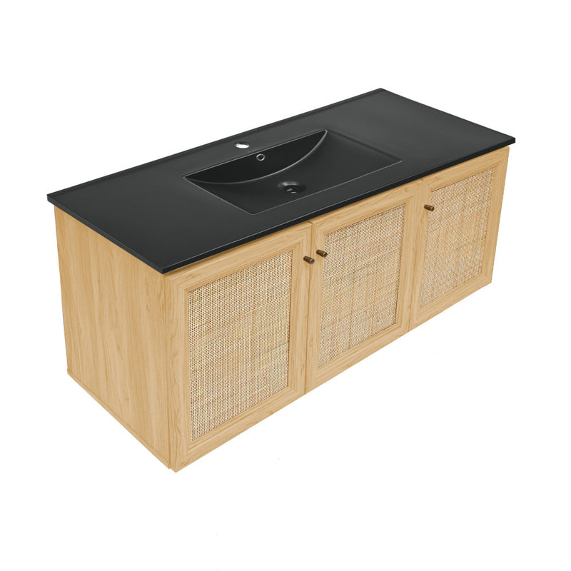 Classe 48" Wall-Mounted Bathroom Vanity in Natural Oak with Black Sink Top