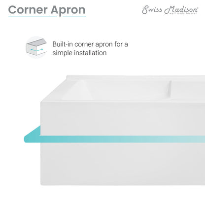 Alcove bathtub 60 x 32 inch with left hand corner drain and built-in corner apron in white.