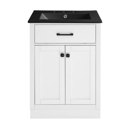 Burdon 24" Freestanding Bathroom Vanity in White with Black 3-Hole Centerset Sink Top