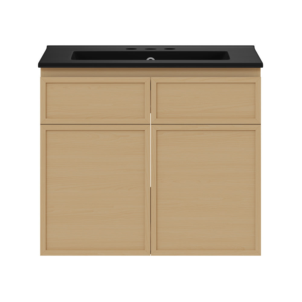 St. Tropez 24" Wall-Mounted Bathroom Vanity in Natural Oak with Black 3-Hole Widespread Sink Top