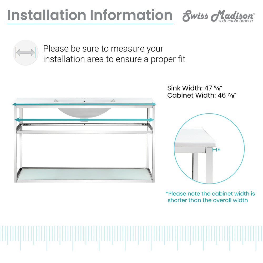 48-inch wall-mount bathroom vanity with chrome metal frame and open shelf under single sink.