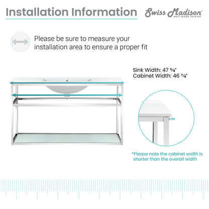 48-inch wall-mount bathroom vanity with chrome metal frame and open shelf under single sink.