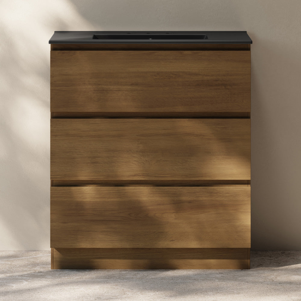 Liberte 30" Freestanding Bathroom Vanity in Brown Oak with Black 3-Hole Widespread Sink Top
