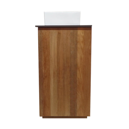 24-inch freestanding reclaimed wood bathroom vanity with walnut finish, slate countertop, and single hole vessel sink.