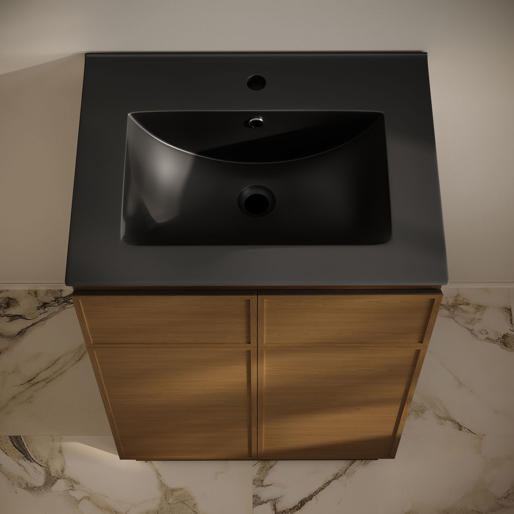 St. Tropez 24" Freestanding Bathroom Vanity in Brown Oak with Black Sink Top