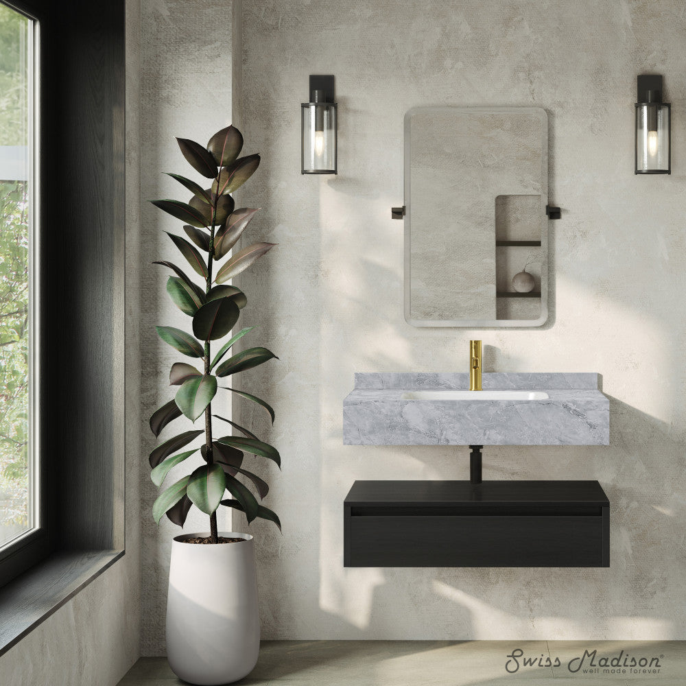 Avancer 36" Wall-Mounted Bathroom Vanity in Black Oak with Storm Gray Sink Top
