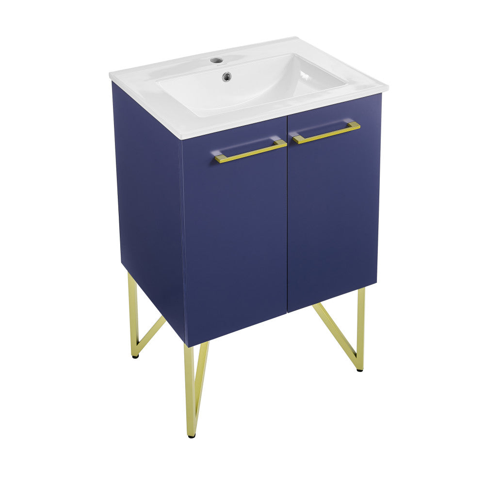 24-inch freestanding navy blue bathroom vanity with brass legs and white single sink top.