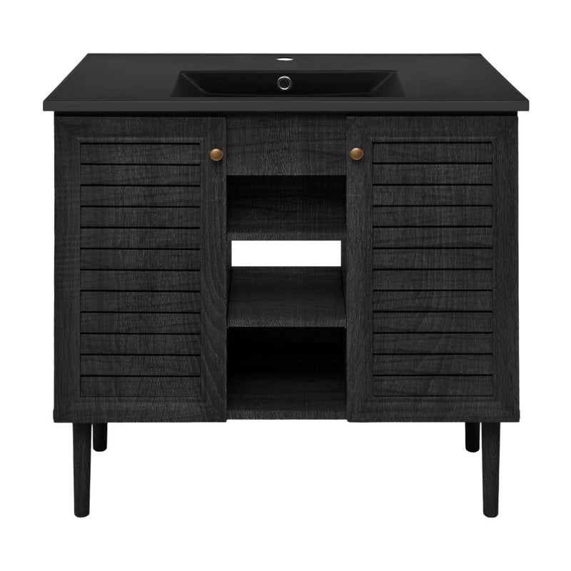 Bron 36" Freestanding Bathroom Vanity in Black Oak with Black Sink Top