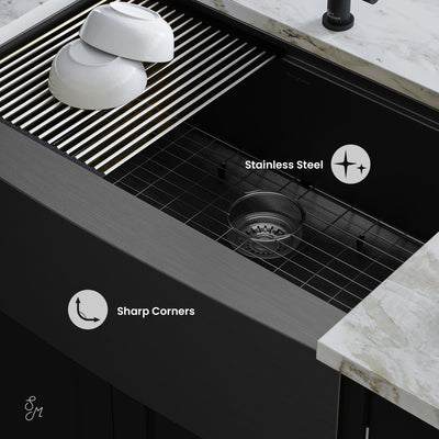 Tourner 33 x 22 Stainless Steel, Single Basin, Farmhouse Kitchen Workstation Sink with Apron in Black