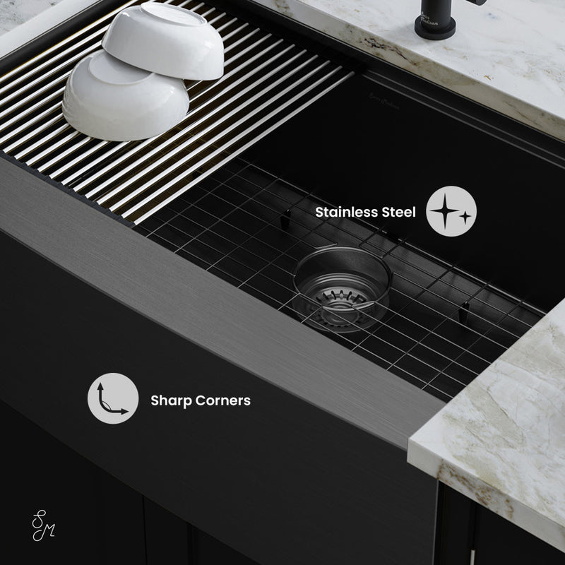 Tourner 33 x 22 Stainless Steel, Single Basin, Farmhouse Kitchen Workstation Sink with Apron in Black