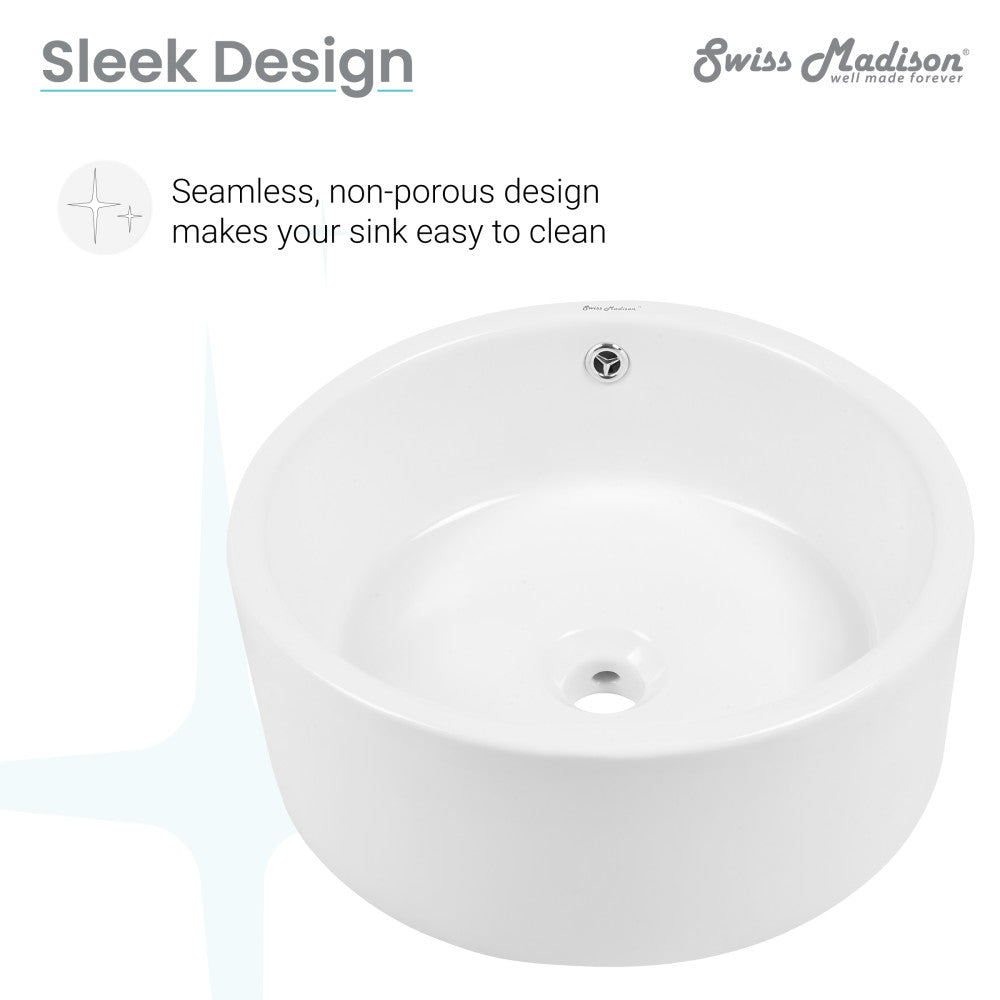 Round white ceramic bathroom vessel sink with seamless, non-porous design and center drain opening.