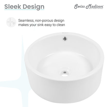 Round white ceramic bathroom vessel sink with seamless, non-porous design and center drain opening.