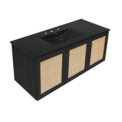 Classe 48" Wall-Mounted Bathroom Vanity in Black Oak with Black 3-Hole Widespread Sink Top