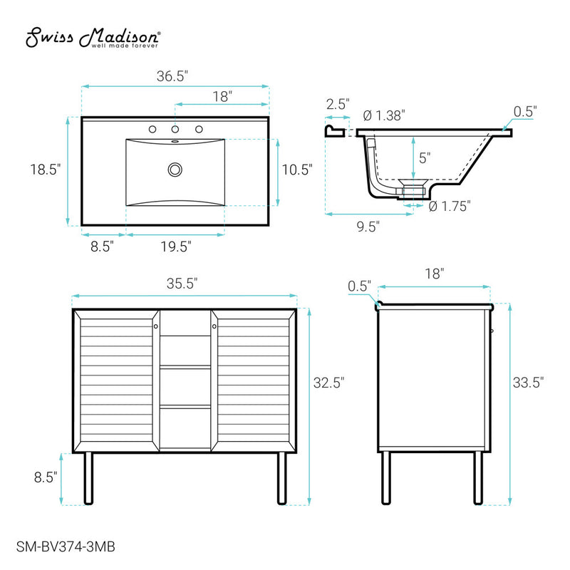 Bron 36" Freestanding Bathroom Vanity in Golden Oak with Black 3-Hole Widespread Sink Top