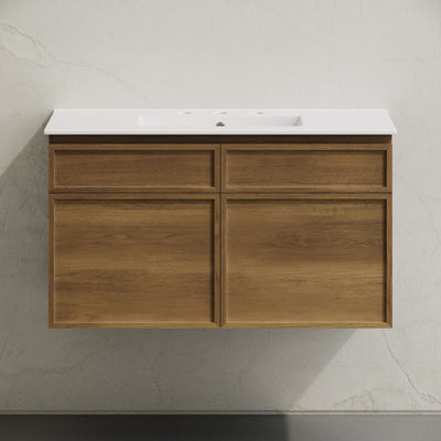 St. Tropez 36" Wall-Mounted Bathroom Vanity in Brown Oak with 3-Hole Widespread Sink Top