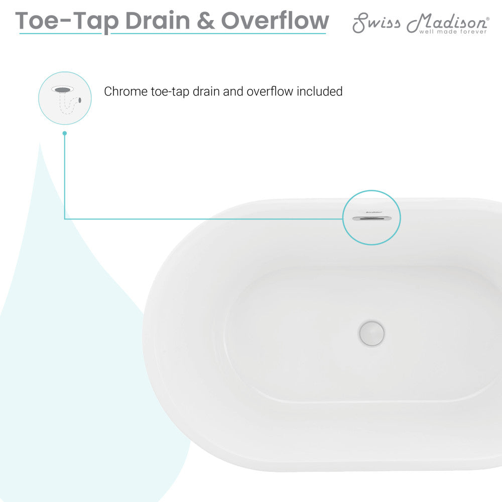 Freestanding soaking bathtub 48 inch, center drain in white acrylic.
