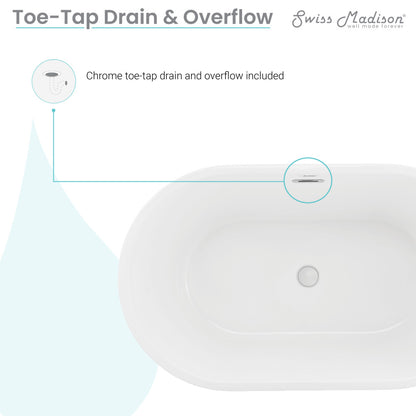 Freestanding soaking bathtub 48 inch, center drain in white acrylic.
