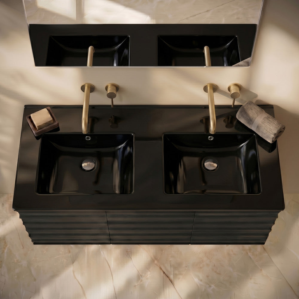48" Zero Hole Double Basin Vanity Sink Top in Glossy Black