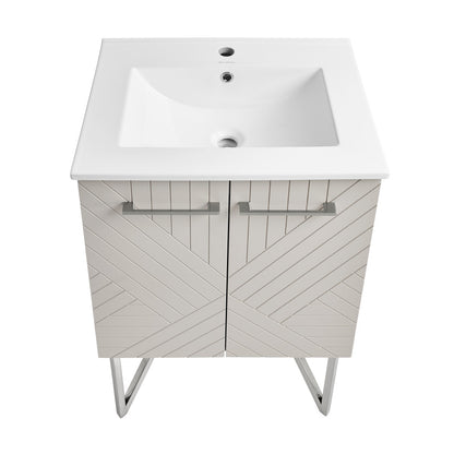24-inch freestanding bathroom vanity in greige with single sink and geometric door pattern.