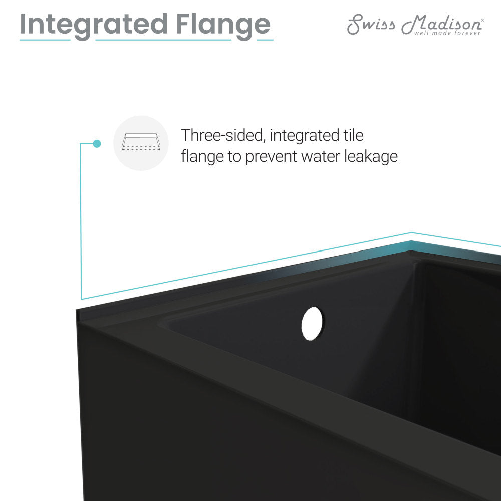 Alcove skirted bathtub 54 inch matte black, right-hand drain, apron front, integrated tile flange.