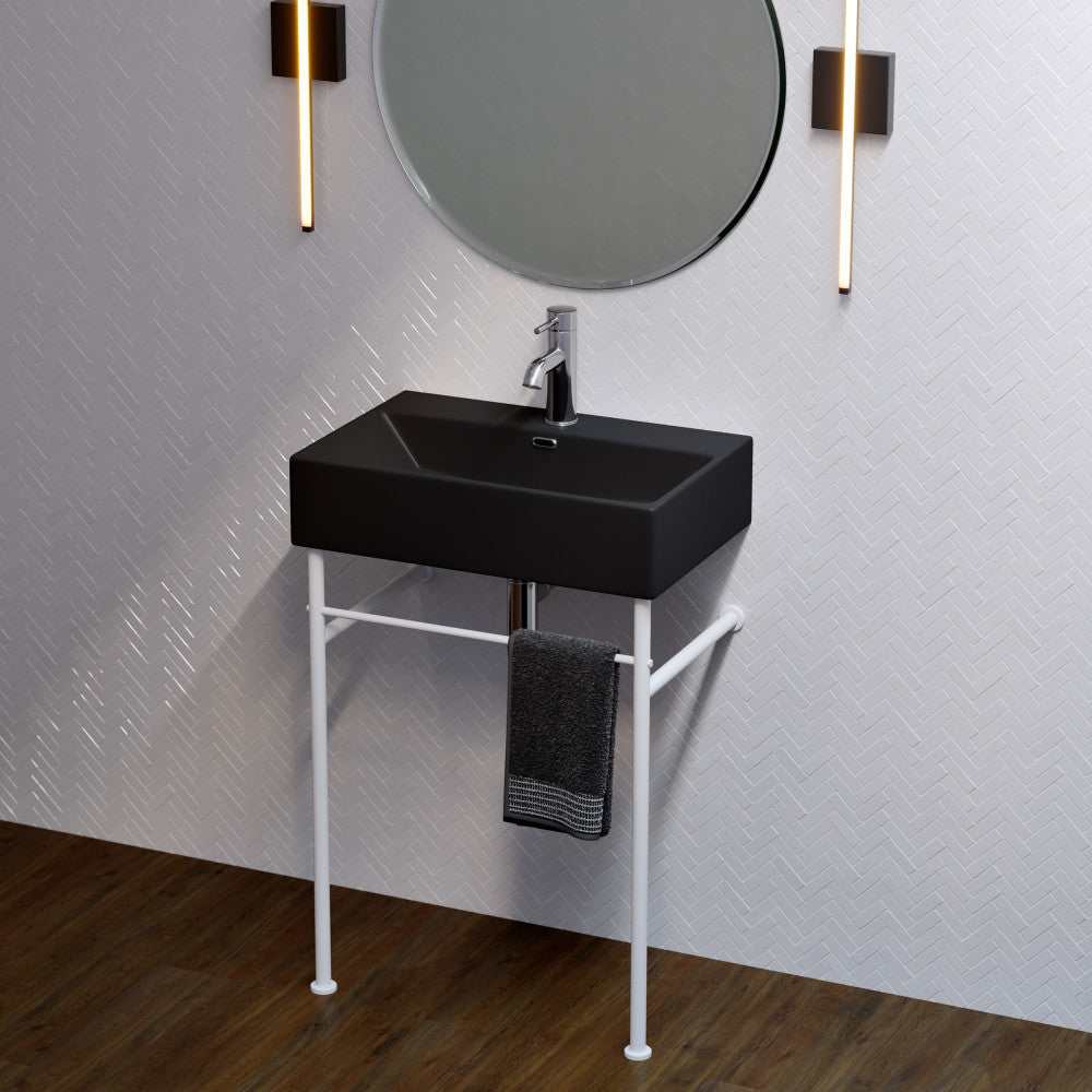 Matte black ceramic console sink with matte white legs and single-handle faucet.