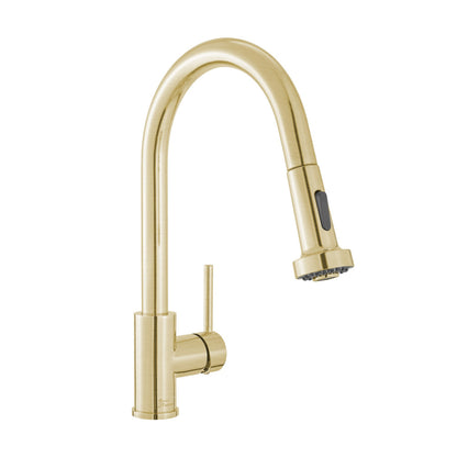 Single handle pull-down kitchen faucet in brushed gold with high-arc spout and side lever handle.