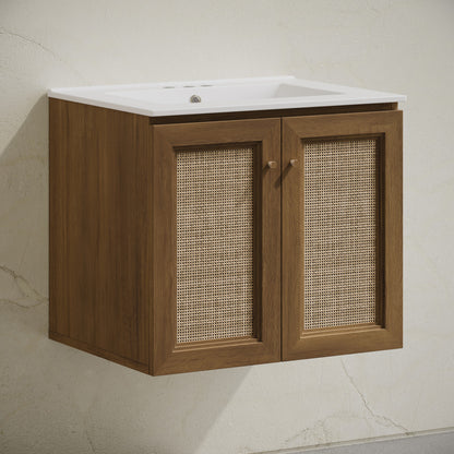 Classe 24" Wall-Mounted Bathroom Vanity in Brown Oak with Centerset Faucet Holes Vanity Top